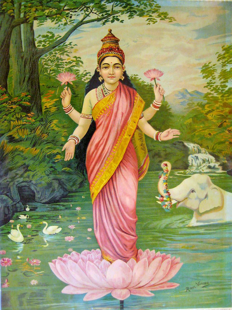 The goddess Lakshmi of money and prosperity helps me feel at peace with money. Her lotuses remind me enlightenment and awareness can walk with money and wellbeing. She stands in the flow, at ease, rising from the lotus like Venus from the half-shell, with swans who signal enlightenment and the elephant, wisdom and auspicious beginnings. The Hindu goddess Lakshmi of prosperity with pink lotuses in two of her four hands, in standing on a lotus in a river.