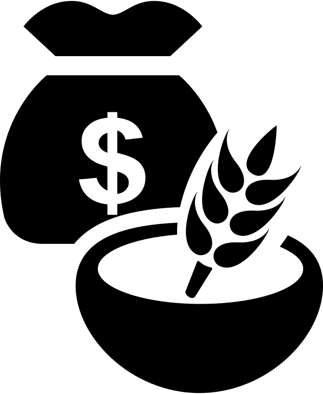 The black an white icon for "livelihood" is a bowl with a wheat sheaf standing in it and a bag of money behind them.