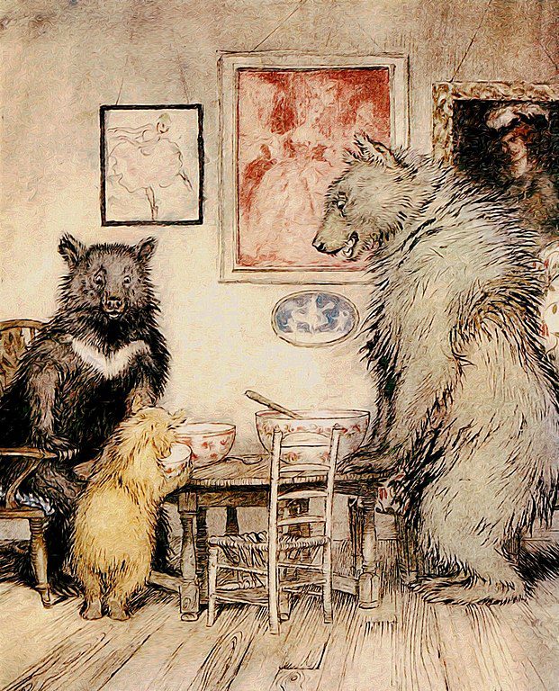 The Wisdom of What's Enough: How to Cultivate It. The image is of the three bears, from the children's story, at table enjoying their porridge.This is the quintessential story of enjoying what's enough. (Don't be like Goldilocks. Be like Baby Bear.) Copyright-free image by Arthur Rackham from Wikipedia. The three bears, from the children's story, at table enjoying their porridge.