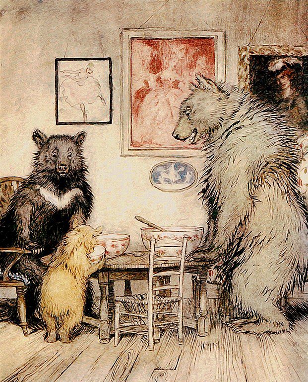 The three bears, from the children's story, at table enjoying their porridge.